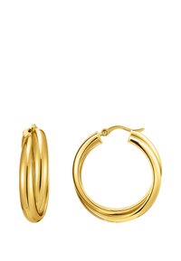 Orecchini a cerchio in tonalità oro con un design tortuoso e finitura lucida. Leggeri, con una chiusura sicura e una superficie liscia.