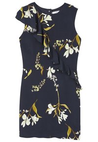 Robe bleu marine avec manches courtes à volants, ornée de motifs floraux blancs et jaunes. Coupe slim avec un volant subtil sur un côté.