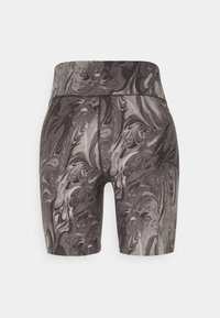 Shorts da ciclismo a vita alta in un pattern marmorizzato nero e grigio, con una texture liscia e cuciture a contrasto lungo le cuciture.
