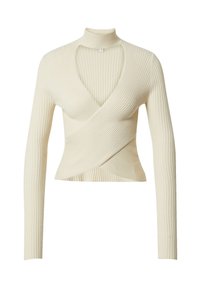 Cremfarbener, gerippter Strickpullover mit tiefem V-Ausschnitt und langen Ärmeln. Verfügt über ein Wickeldesign und einen hohen Kragen. Weicher Stoff und taillierte Silhouette.