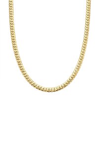 Zlatá retiazka na krk s hrubým, prepojeným dizajnom článkov, hladkým povrchom a lesklým finišom, visie na bielom pozadí.