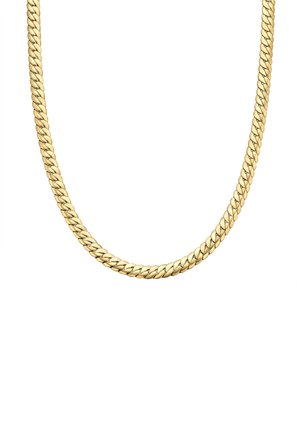 Guldbelagt kædedesign med tykke, sammenkoblede led og en glat overflade samt skinnende finish, hængende mod en hvid baggrund.