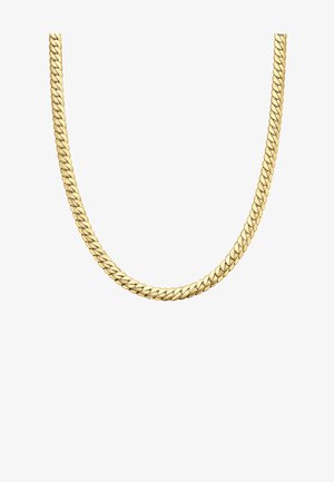 Collier en chaîne plaqué or présentant un design de maillons épais entrelacés avec une texture lisse et une finition brillante, suspendu sur un fond blanc.