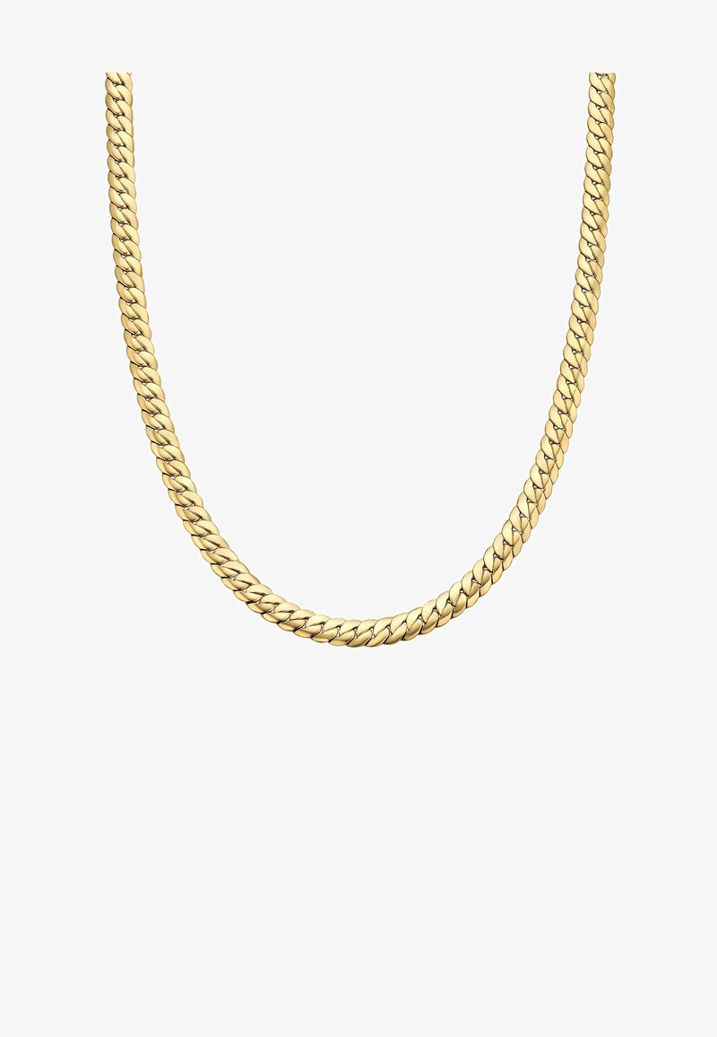 Zlatá retiazka na krk s hrubým, prepojeným dizajnom článkov, hladkým povrchom a lesklým finišom, visie na bielom pozadí.