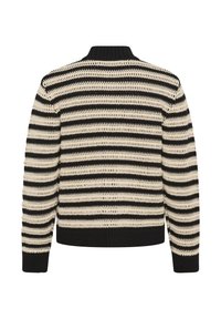 Pull en maille à rayures noires et beiges avec manches longues, poignets, ourlet et col côtelés, vu de dos.
