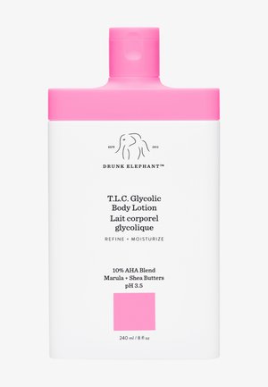 Drunk Elephant T.L.C. Glycolic Body Lotion, white bottle with pink cap, features black logo and text. 240 ml, 10% AHA blend formula.