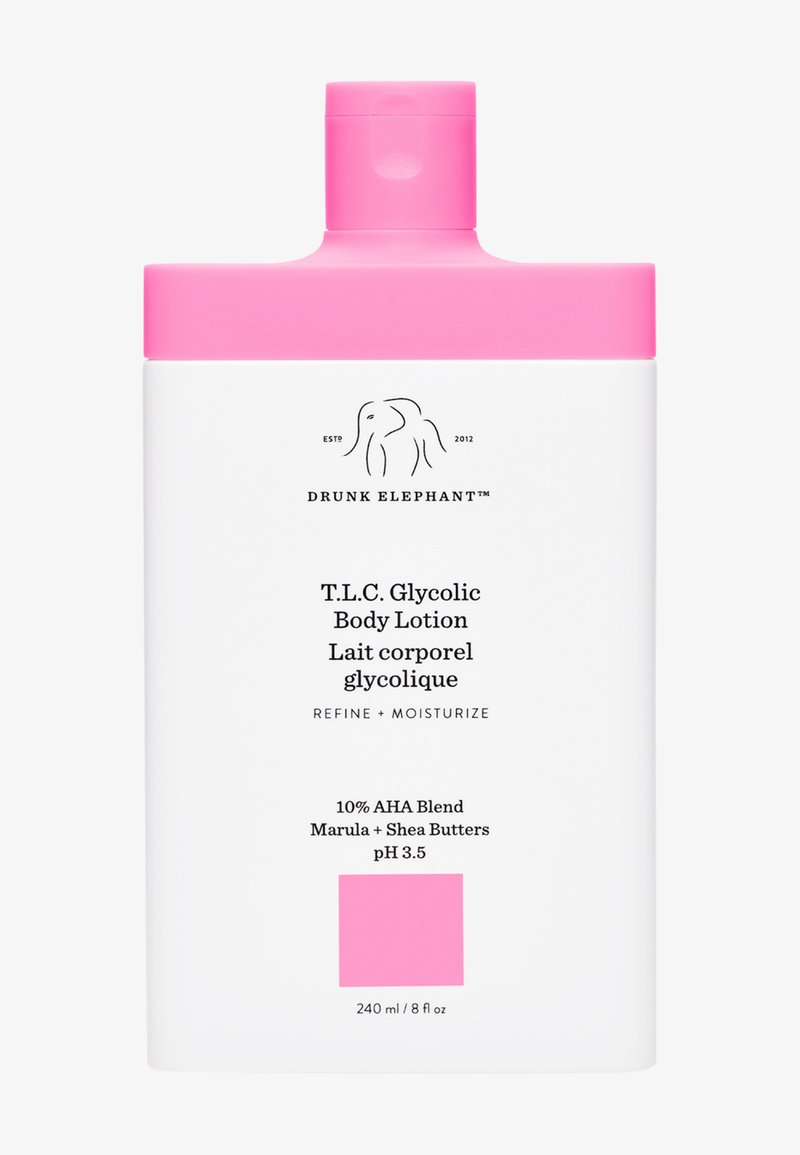 Drunk Elephant T.L.C. Glycolic Body Lotion, white bottle with pink cap, features black logo and text. 240 ml, 10% AHA blend formula.