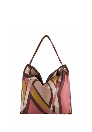 Sac fourre-tout en tissu doux avec des poignées marron présentant des motifs géométriques abstraits en tons de rose, moutarde, beige et brun foncé.