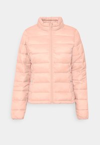 Giacca piumino rosa chiaro con colletto alto, chiusura con zip e motivo trapuntato. Presenta un design cropped e una texture liscia e lucida.