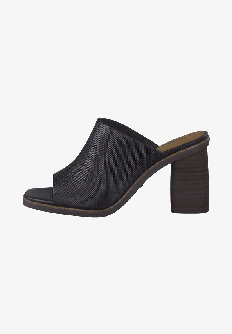 Mules noires à bout ouvert avec une tige en mesh texturé, dotées d'un avant arrondi et d'un talon épais en bois. Doublure intérieure lisse.