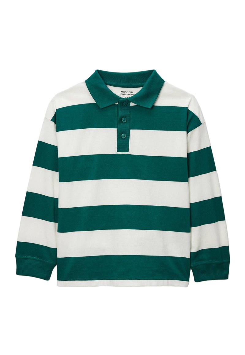 Polo à manches longues rayé vert et blanc avec col et trois boutons, en coton, avec des poignets et un ourlet côtelés.