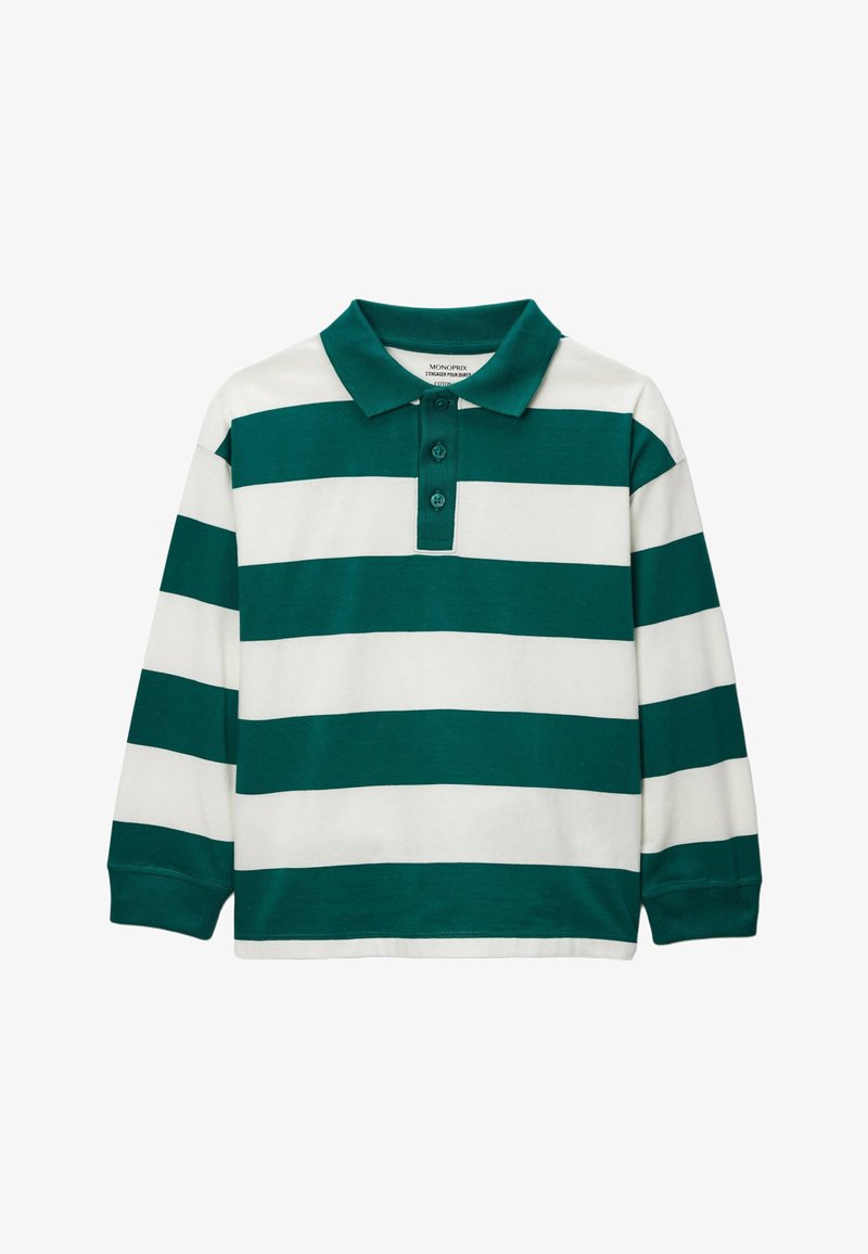 Polo à manches longues rayé vert et blanc avec col et trois boutons, en coton, avec des poignets et un ourlet côtelés.
