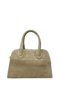 Semišová kabelka ve světle béžové barvě, s dvojitými zaoblenými uchy, obdélníkovým tvarem a hladkým povrchem s prošívanými detaily.