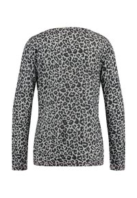 Long-sleeve top in grey fabric with black leopard print. Features a round neckline and subtle stitching detail along the hem.