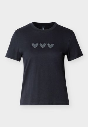 Zwart katoenen T-shirt met korte mouwen en drie hartvormige rijen van strass-steentjes over de borst, met een gladde textuur.