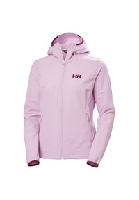Lichtroze softshell jack met een ritssluiting aan de voorkant, een capuchon en bordeauxrode accenten. Het jack heeft zijzakken en een klein logo op de borst.
