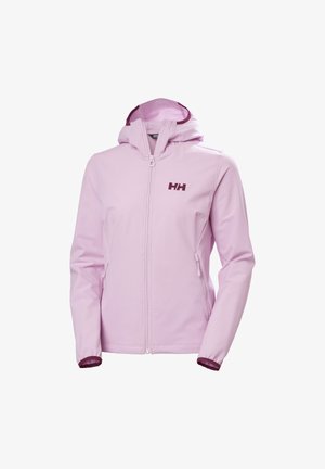 Lichtroze softshell jack met een ritssluiting aan de voorkant, een capuchon en bordeauxrode accenten. Het jack heeft zijzakken en een klein logo op de borst.