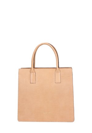 Handtasche aus tanfarbenem Leder mit einer strukturierten, krokodilartigen Oberfläche. Verfügt über zwei kurze Griffe und hat eine strukturierte, rechteckige Form.