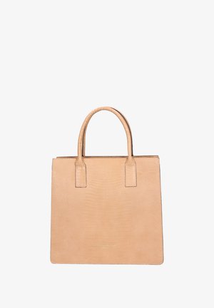 Leren handtas in tan kleur met een gestructureerd, krokodillenpatroon. Beschikt over twee korte handvatten en een gestructureerde, rechthoekige vorm.