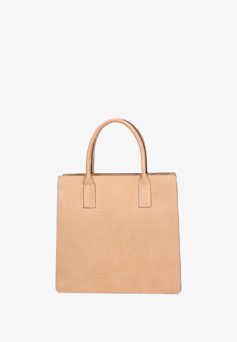Leren handtas in tan kleur met een gestructureerd, krokodillenpatroon. Beschikt over twee korte handvatten en een gestructureerde, rechthoekige vorm.