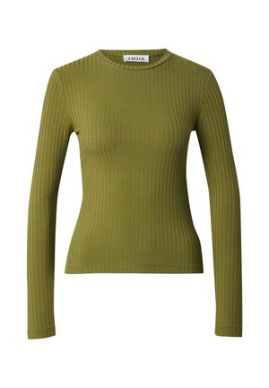 Olivgrünes, geripptes Langarmoberteil mit Rundhalsausschnitt. Hergestellt aus einem glatten, elastischen Stoff für eine figurbetonte Silhouette. Schlichtes Design, ohne Verzierungen.