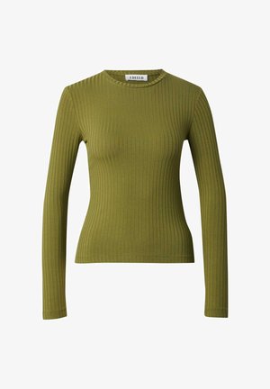 Olivgrünes, geripptes Langarmoberteil mit Rundhalsausschnitt. Hergestellt aus einem glatten, elastischen Stoff für eine figurbetonte Silhouette. Schlichtes Design, ohne Verzierungen.