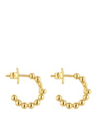 Pendientes de aro de oro que presentan una serie de cuentas esféricas uniformemente espaciadas a lo largo del borde exterior. Textura suave con un acabado pulido.