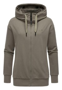 Sweatshirt zippé à capuche en olive muted, fabriqué en tissu doux avec des cordons de serrage ajustables, des poches avant et des bords côtelés au niveau des poignets et de l'ourlet.
