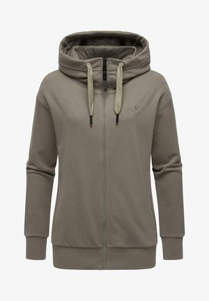 Hooded zip-up sweatshirt in muted olive green, made of soft fabric with adjustable drawstrings, front pockets, and ribbed cuffs and hem.