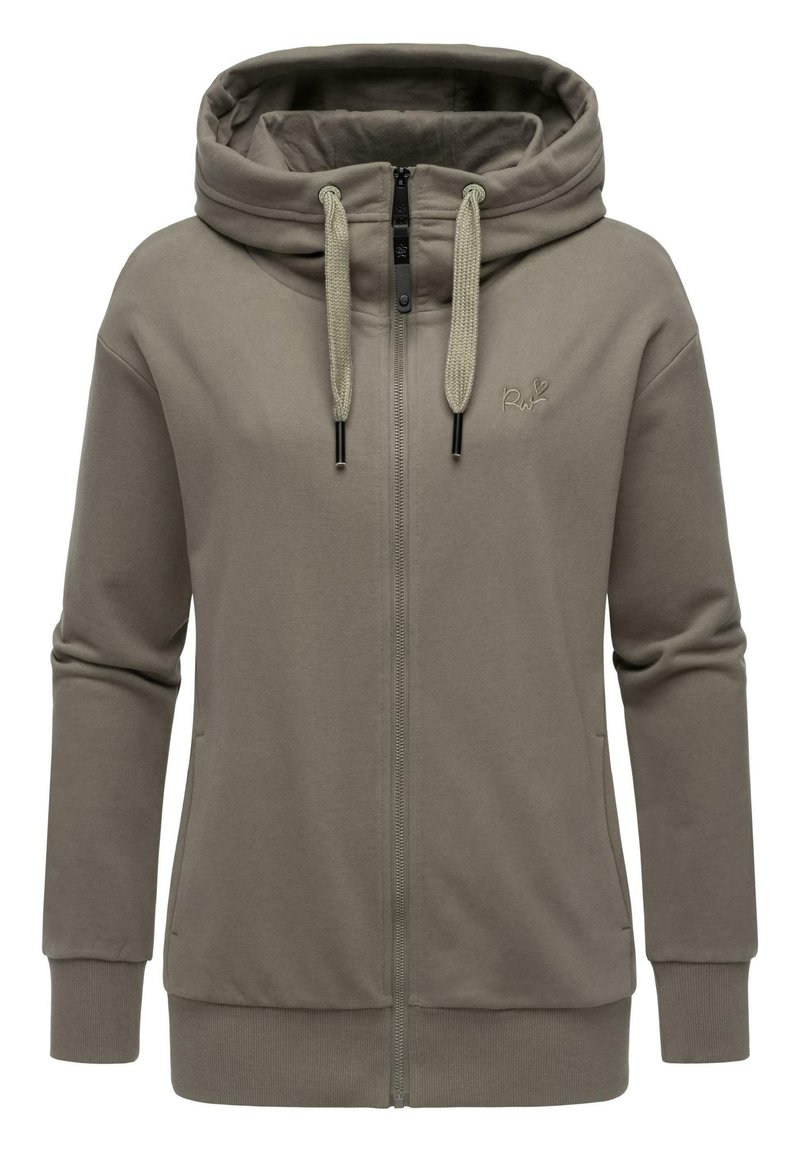 Sweatshirt zippé à capuche en olive muted, fabriqué en tissu doux avec des cordons de serrage ajustables, des poches avant et des bords côtelés au niveau des poignets et de l'ourlet.
