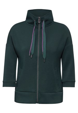 Dark green zip-up hoodie featuring a high collar, short sleeves, purple and teal drawstrings, and two front pockets. Smooth fabric texture.