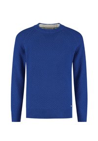 Sininen neulottu neulepusero, jossa on teksturoitu kuvio, pyöreä resorireunainen pääntie sekä resorit hihansuissa ja helmassa. Kevyt materiaali, rento malli.