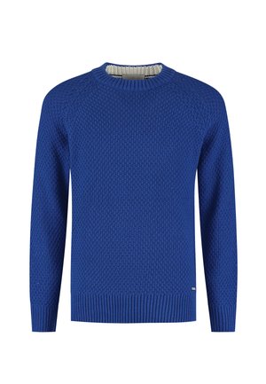 Suéter azul de punto con un patrón texturizado, cuello redondo acanalado y puños y dobladillo acanalados. Material ligero, diseño casual.