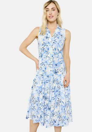 Blumenkleid in Hellblau und Weiß, ärmellos mit einer durchgehenden Knopfleiste, eng anliegender Taille und einem ausgestellten, gestuften Rock.