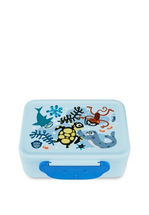 Blue plastic lunch box with marine animal graphics including a shark, turtle, seal, and crab. Features a blue clasp and smooth texture.
