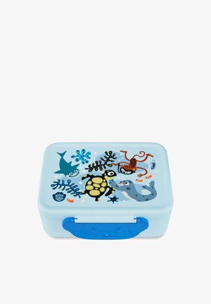 Blue plastic lunch box with marine animal graphics including a shark, turtle, seal, and crab. Features a blue clasp and smooth texture.
