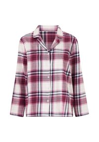 Geruite shirt met een kraag, in tinten van bordeauxrood, wit en marineblauw. Knoopsluiting aan de voorkant en lange mouwen met een losse pasvorm.