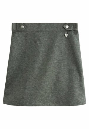 Harmaa, teksturoitu hame suoralla leikkauksella, jossa on nappikiinnitys vyötäröllä ja pieni sydänkoriste edessä.