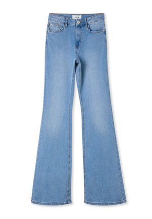Jeans in denim azzurro chiaro con vita alta, chiusura con bottoni e zip, tasche anteriori e gambe ampie e svasate.