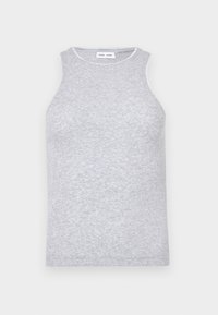 Gray sleeveless top made from a textured knit fabric, featuring a round neckline with a contrasting trim around the neck.