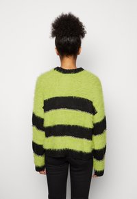 Groene pluizige trui met gedurfde zwarte strepen en zilveren kettingaccenten. Geribbelde zwarte halslijn en zoom, met een gestructureerde stof.