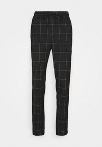 Svart-rutig byxor med dragsko i midjan, med ett subtilt mönster av tunna vita linjer, slim-fit design och slät textur.