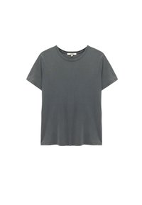 Graues Kurzarm-T-Shirt aus weichem Baumwollstoff, mit Rundhalsausschnitt, lässiger Passform und minimalistischem Design ohne Muster oder Akzente.