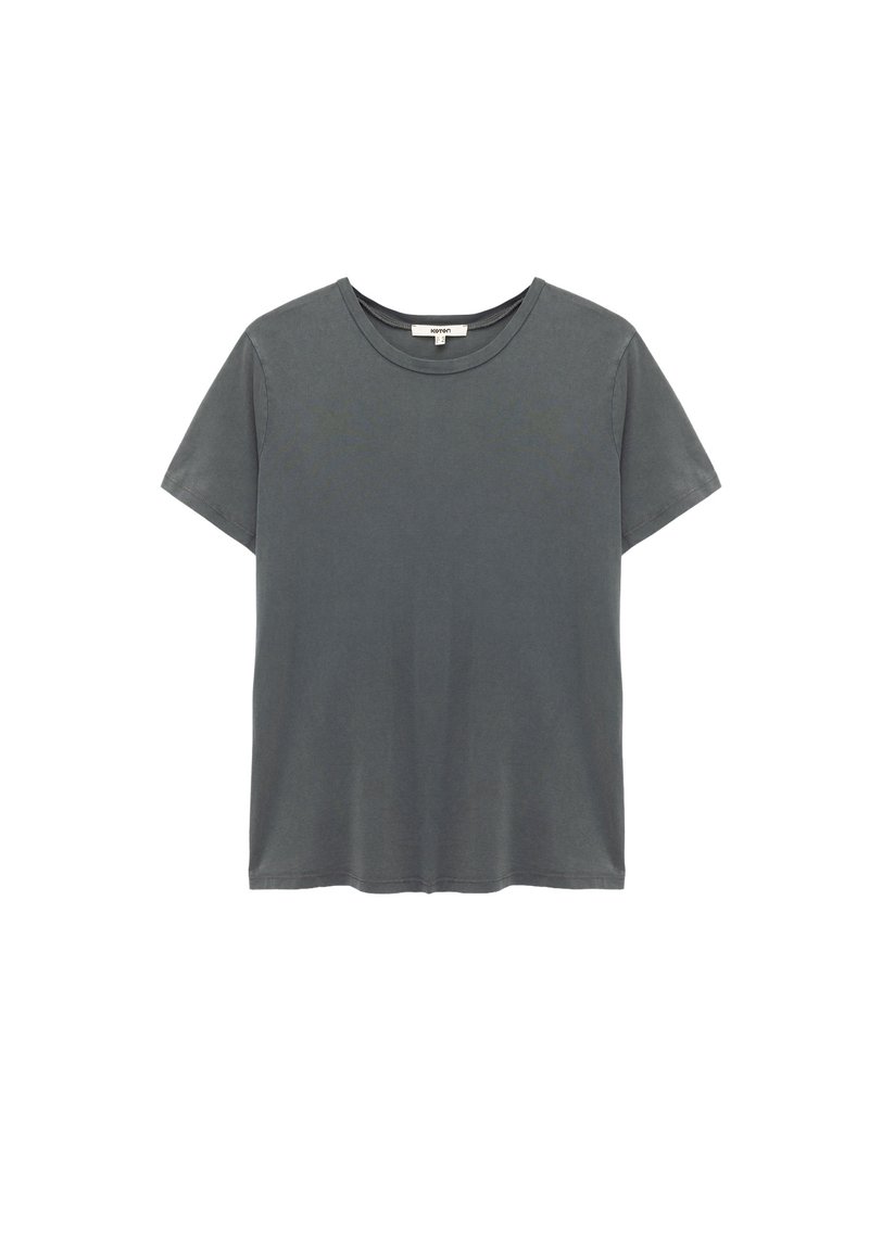 Graues Kurzarm-T-Shirt aus weichem Baumwollstoff, mit Rundhalsausschnitt, lässiger Passform und minimalistischem Design ohne Muster oder Akzente.