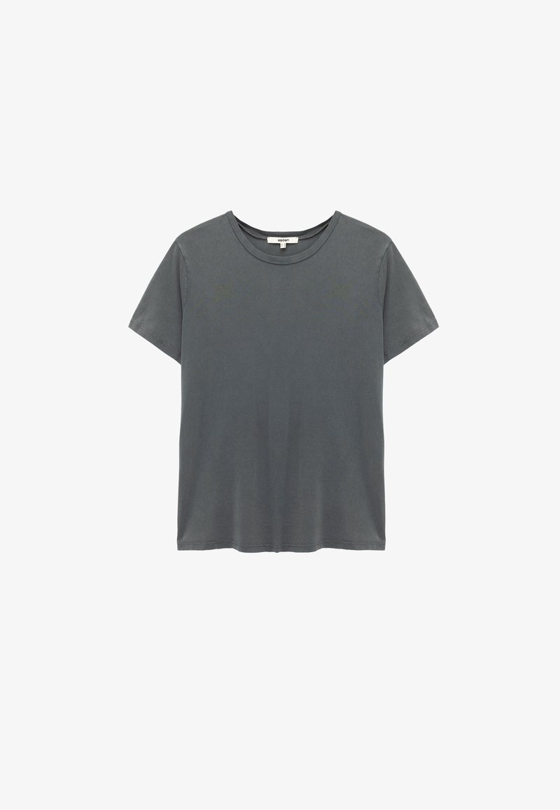 Graues Kurzarm-T-Shirt aus weichem Baumwollstoff, mit Rundhalsausschnitt, lässiger Passform und minimalistischem Design ohne Muster oder Akzente.