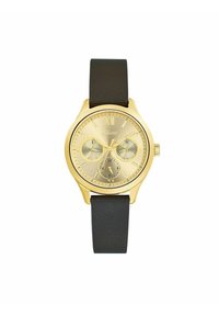 Goldfarbene Edelstahl-Uhr mit strukturiertem goldenen Zifferblatt, schwarzem Lederarmband, analogem Display und drei Subdials. Römische Ziffer zwölf oben.