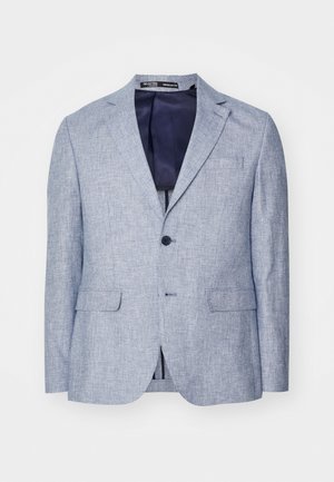 Švelniai mėlynas tekstūruotas vyriškas švarkas su iškirpte, dviem priekiniais kišeniais su atvartais, užsegimu vienu mygtuku ir tamsiai mėlynu vidiniu pamušalu, matomu iš vidaus.