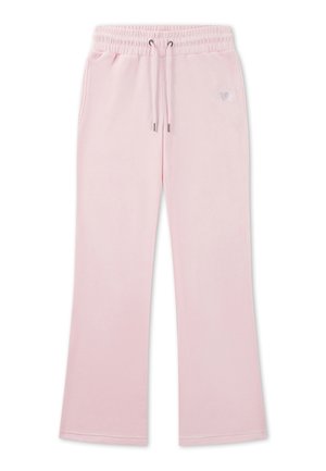 Pantalones de chándal anchos de color rosa claro con cintura elástica, cordón, bolsillos laterales y un sutil bordado de corazón en la parte superior del muslo izquierdo.