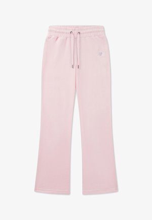 Pantalones de chándal anchos de color rosa claro con cintura elástica, cordón, bolsillos laterales y un sutil bordado de corazón en la parte superior del muslo izquierdo.