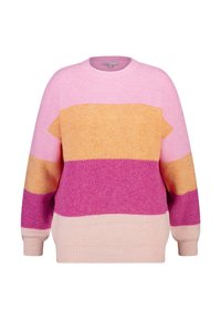 Pull en maille avec des rayures horizontales roses, orange et violettes. Encolure ronde, manches longues et texture côtelée sur toute la surface.
